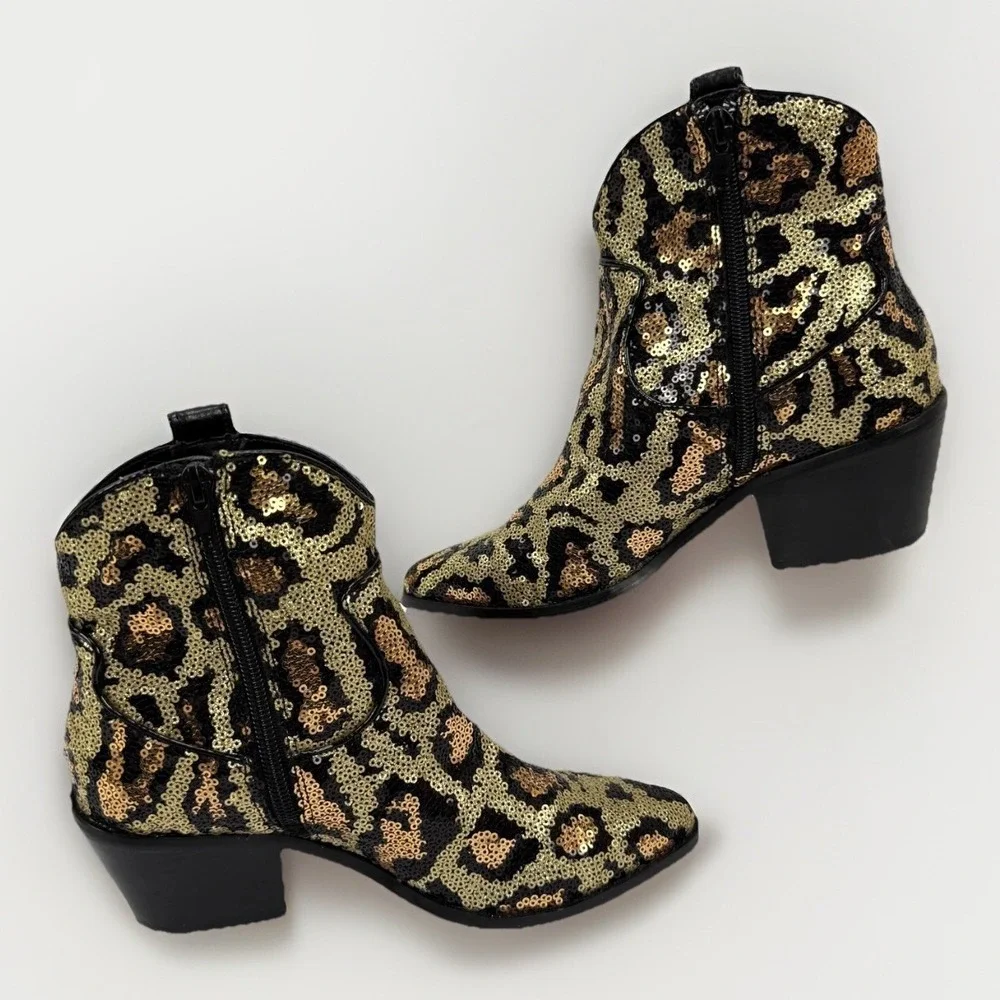 Betsey Johnson Cowboy Boots‎ Lucki Leopard Sequin Sz 6 Animal Print Cowgirl Glam